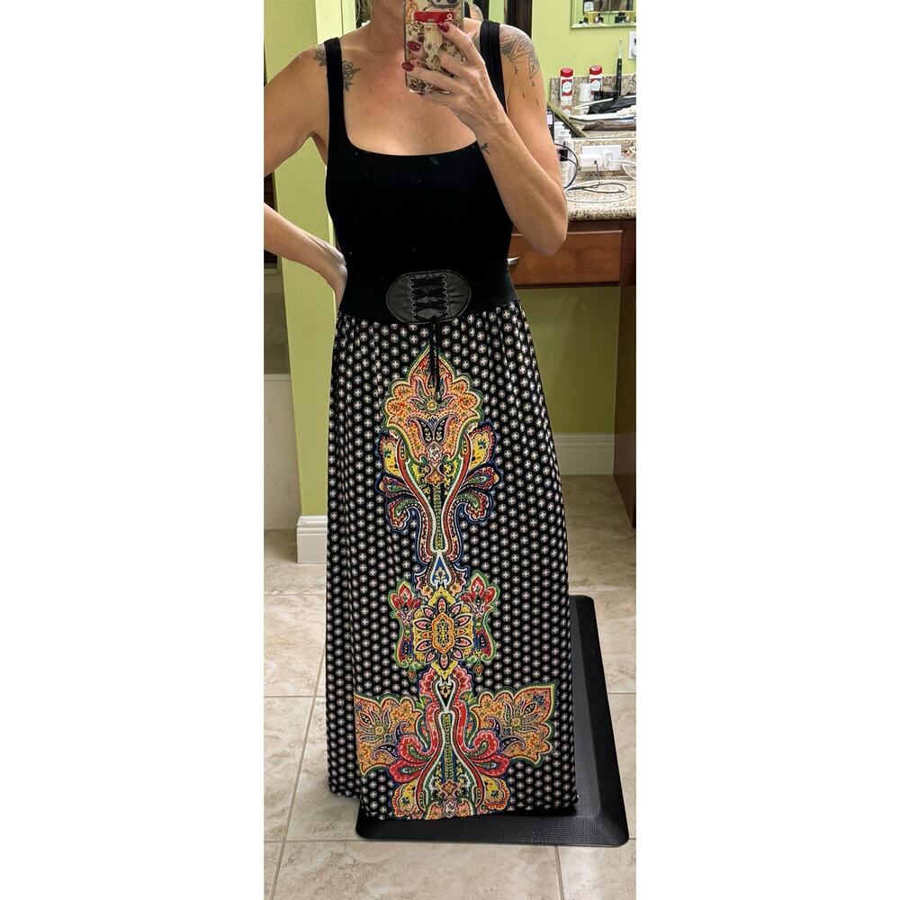 Magic black paisley boho hippie goth peasant maxi skirt elastic large vintage